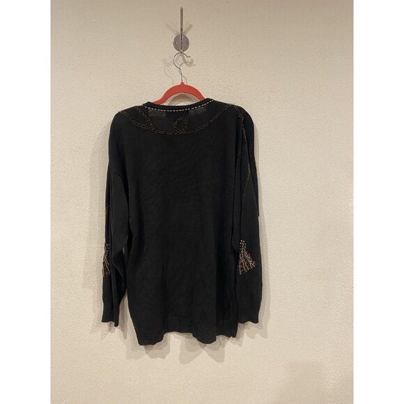 Victoria Harbour Sweater Womens Large Black Beaded Tassel Crewneck Ramie Cotton - Picture 6 of 6
